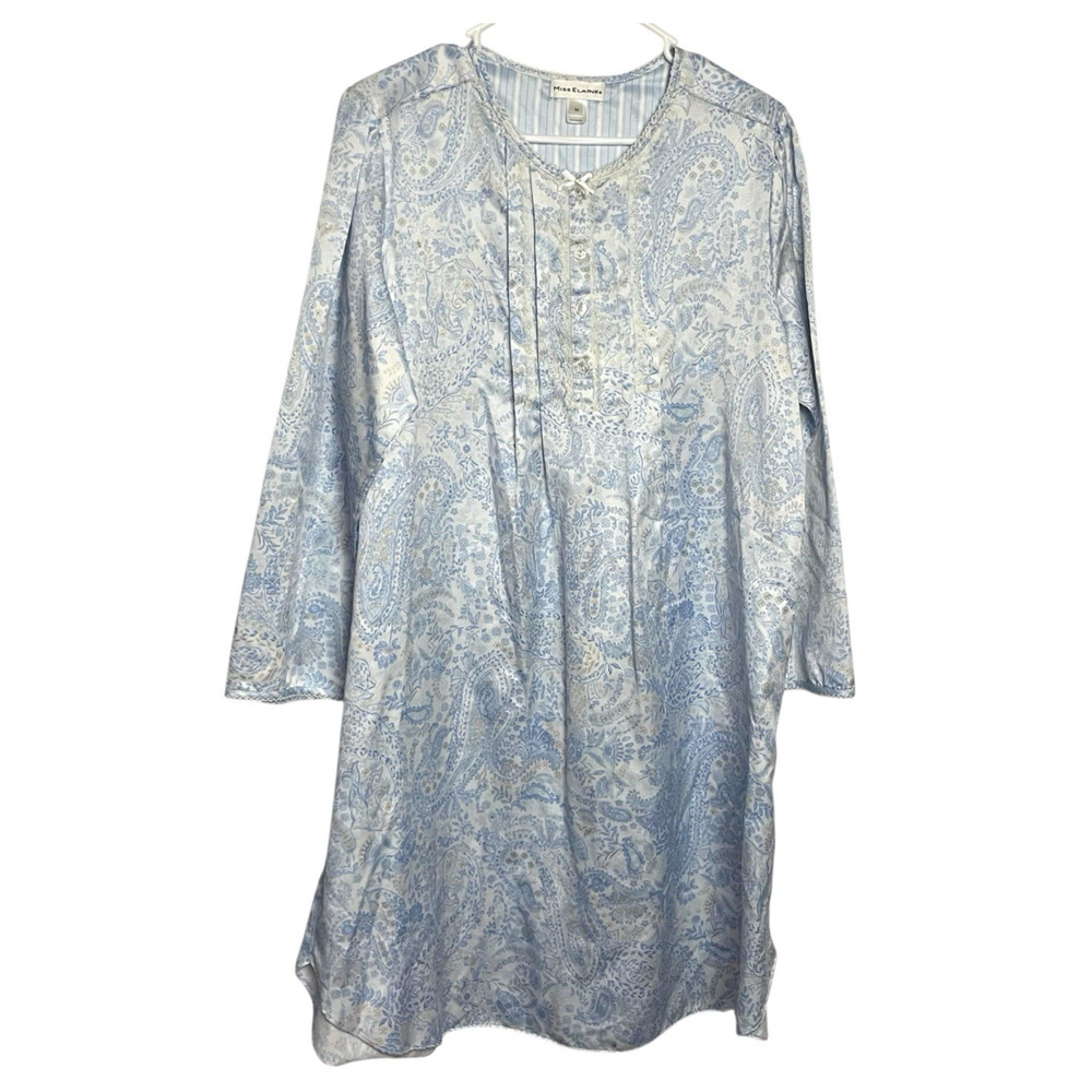Miss Elaine Womens Brushed Satin Nightgown M Blue White Paisley Long Sleeve Midi